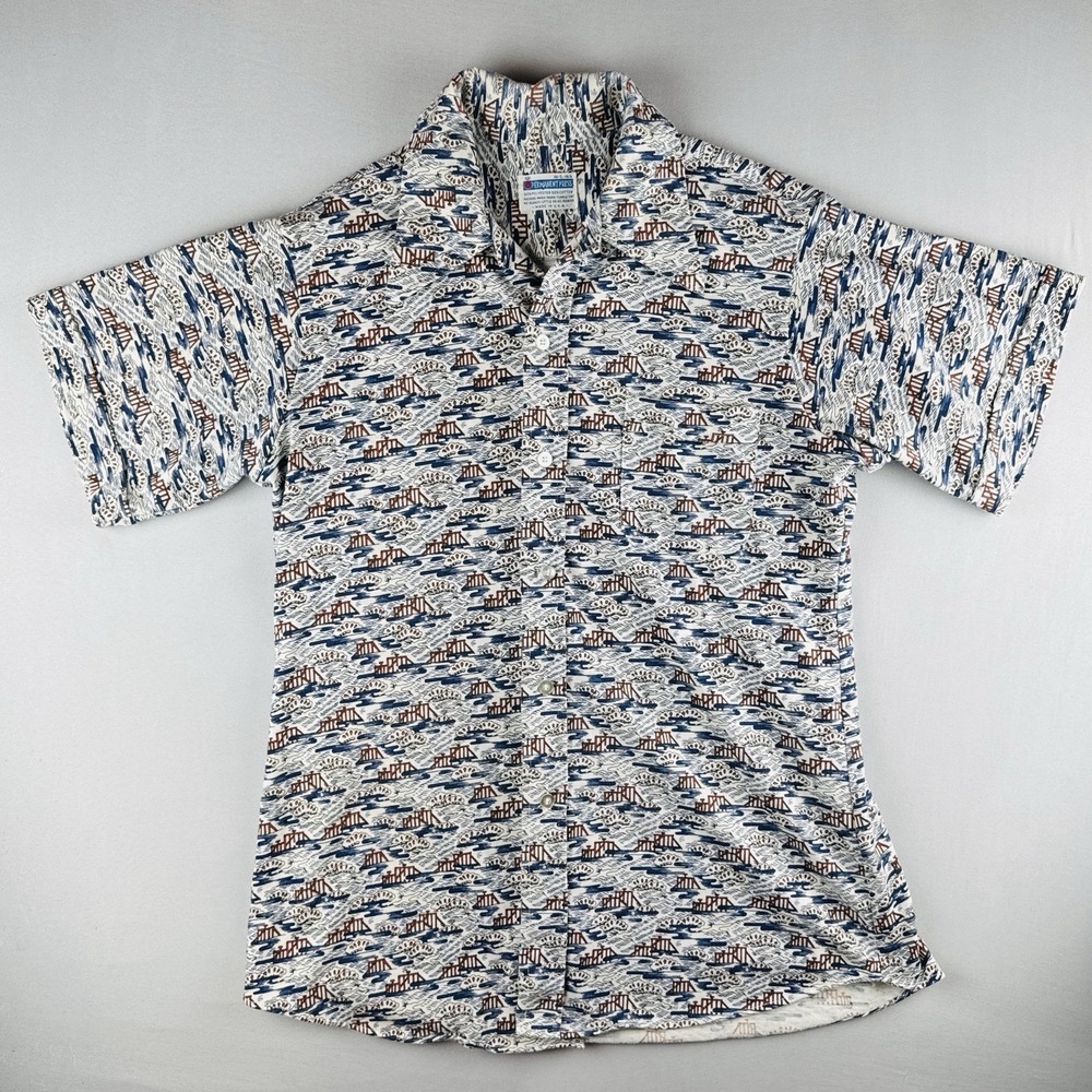 Vintage Hawaiian Aloha Shirt Mens L Scenic Bridge Print Camp Shirt USA